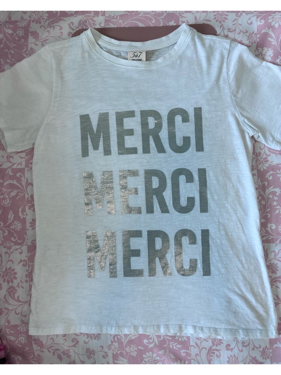 cinq a sept Tops - NWOT Cinq à Sept White Short Sleeve MERCI Silver Metallic Foil Graphic Tee Shirt
